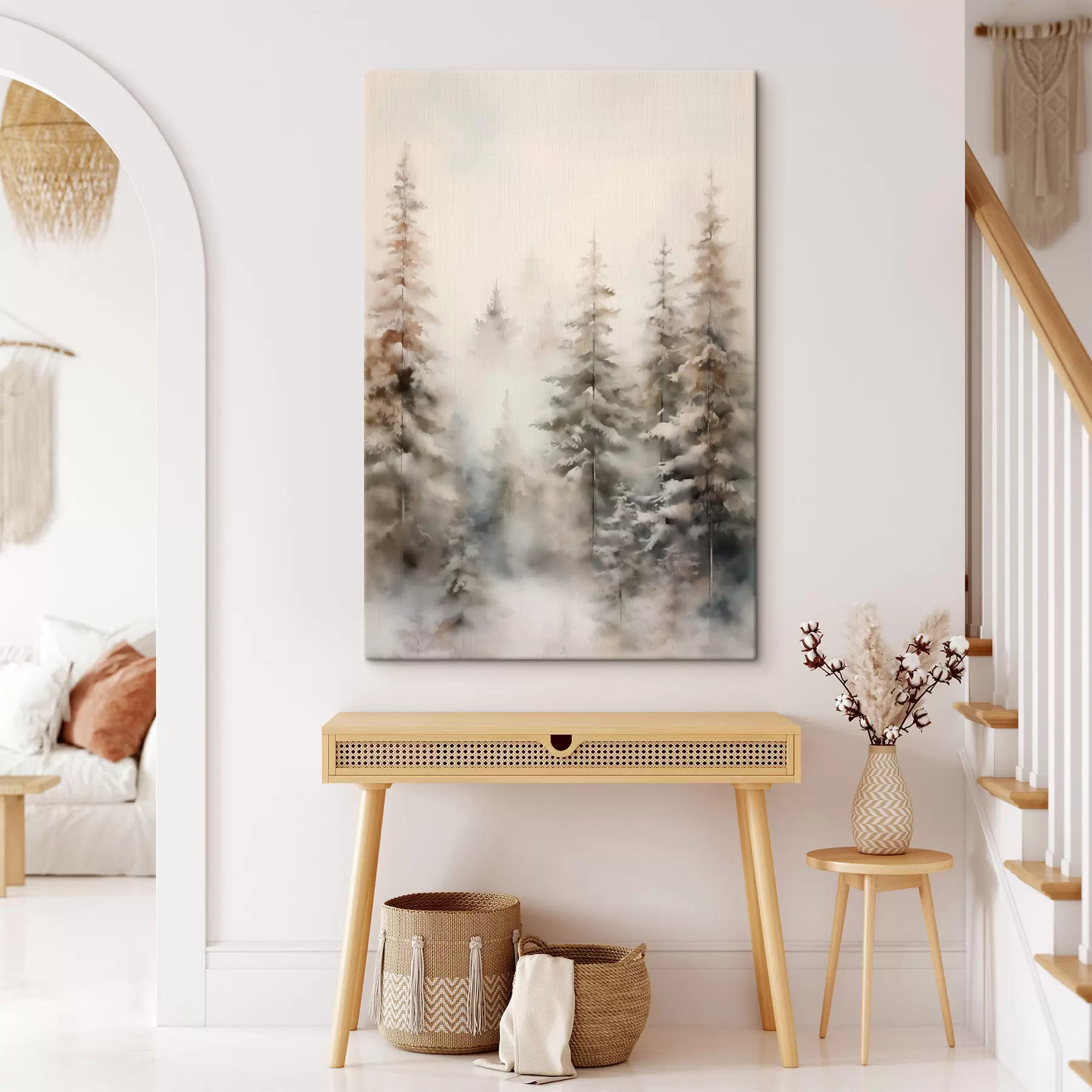  Peintures De grands pins recouverts de neige, dressés dans une forêt brumeuse, une scène hivernale douce et feutrée s46701