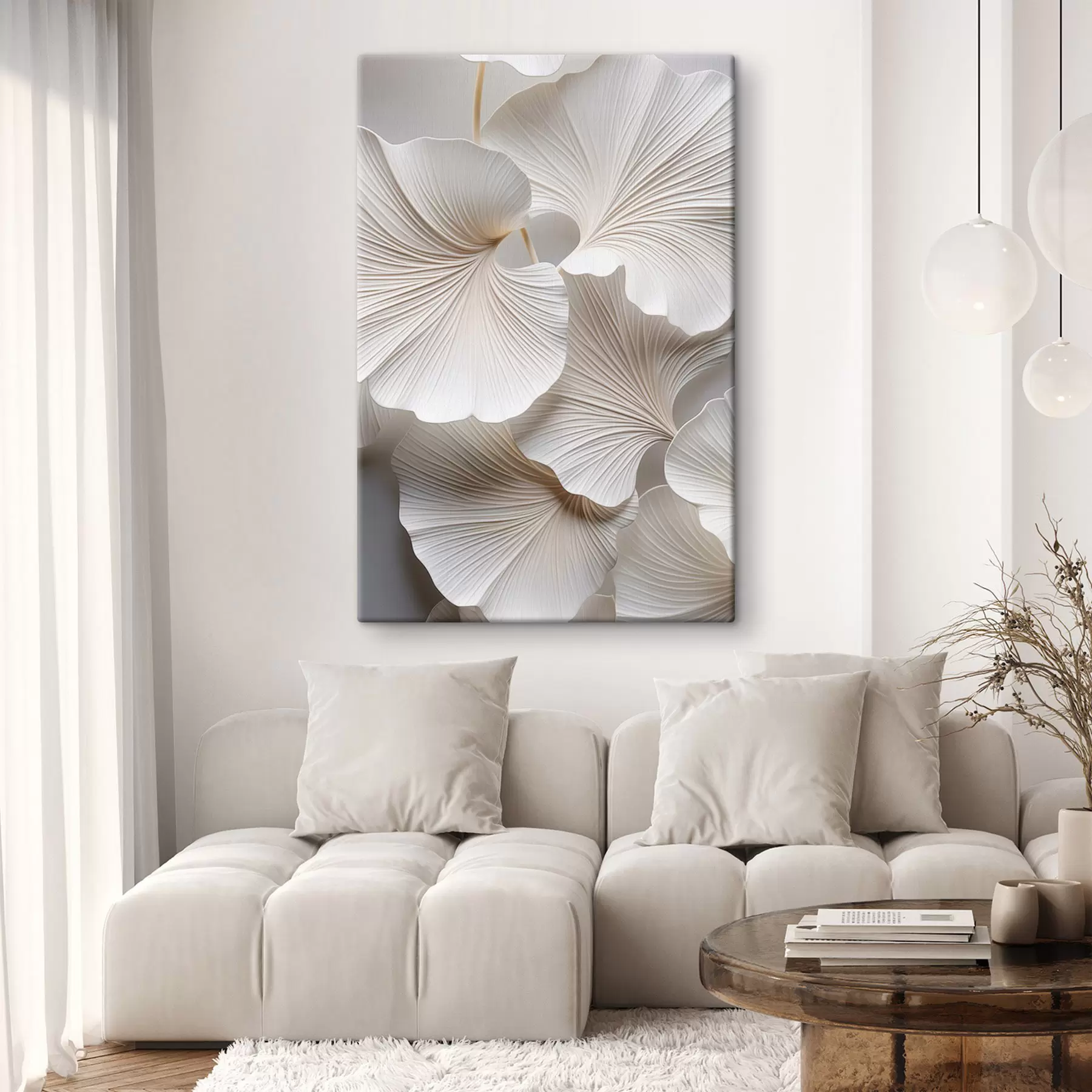  Peintures Feuilles blanches de ginkgo biloba avec des nervures détaillées, éclairage doux, design élégant et minimaliste texturé s46705