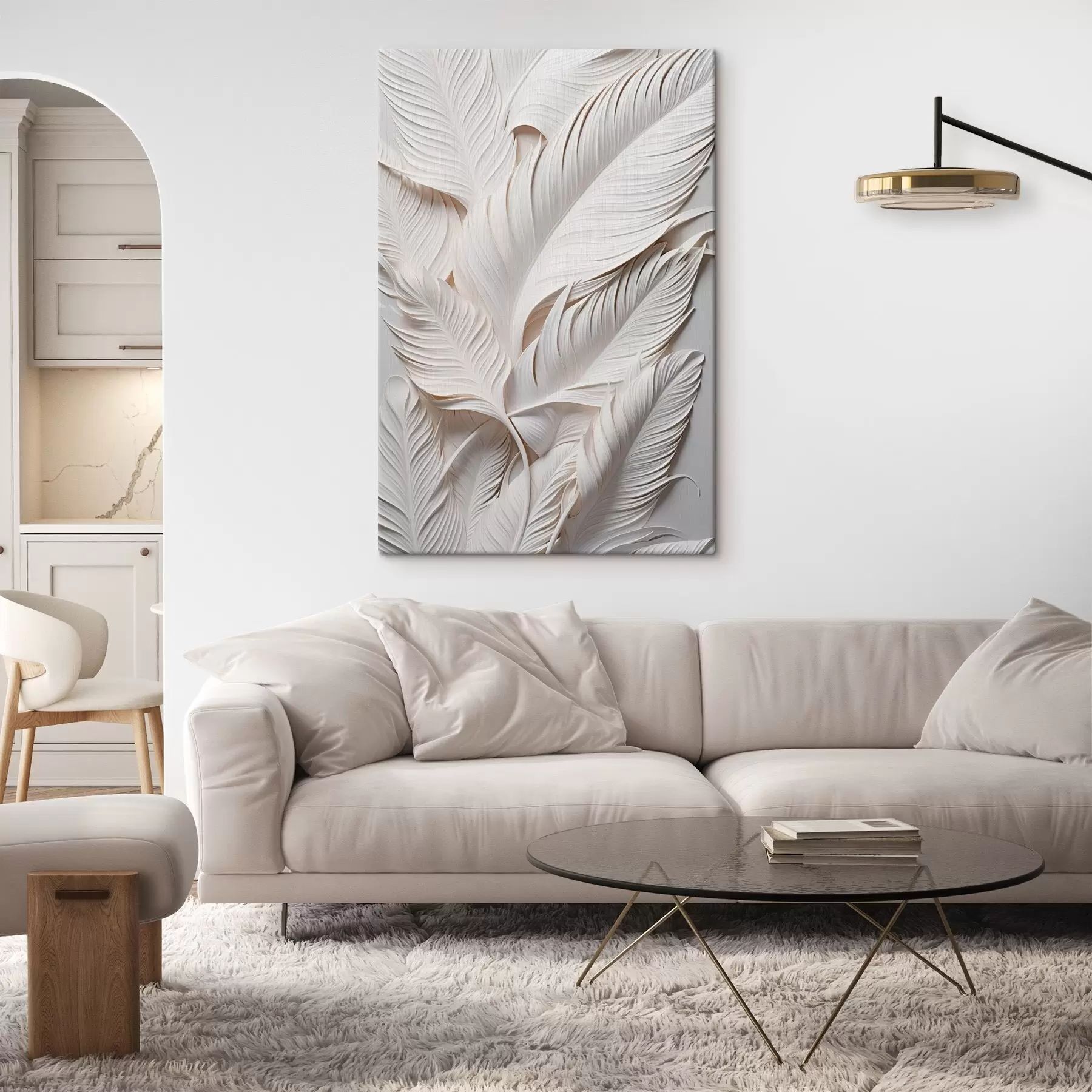  Schilderijen Witte bladeren met gedetailleerde patronen, die een gestructureerd en gelaagd effect creëren, minimalistische kunst s46706