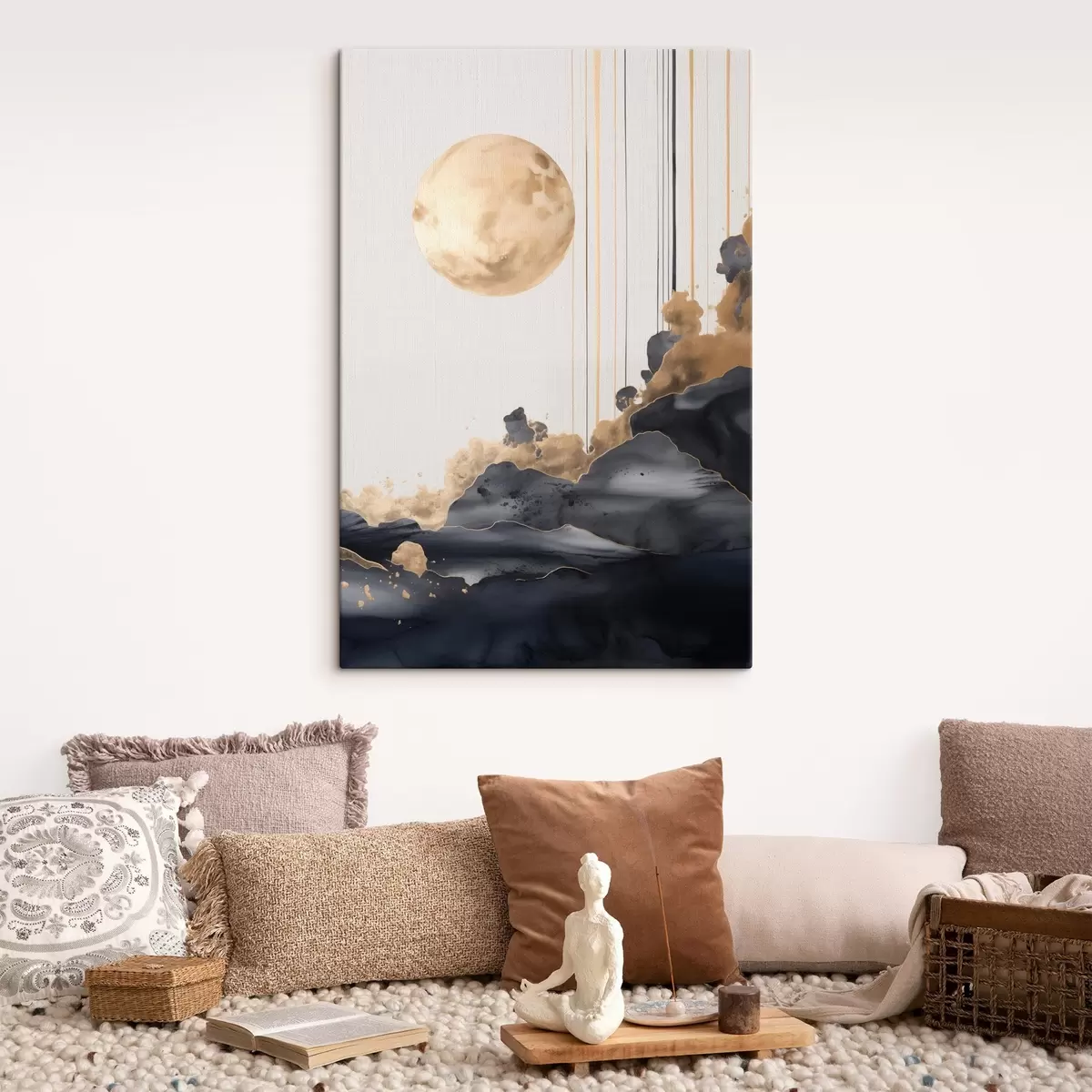  Peintures Une pleine lune avec des nuages noirs et jaunes texturés, des lignes verticales, un style abstrait, minimaliste et moderne. s46707