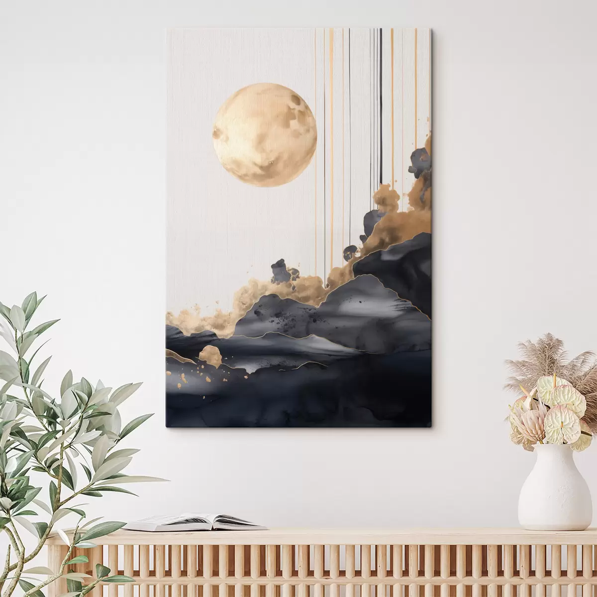  Peintures Une pleine lune avec des nuages noirs et jaunes texturés, des lignes verticales, un style abstrait, minimaliste et moderne. s46707