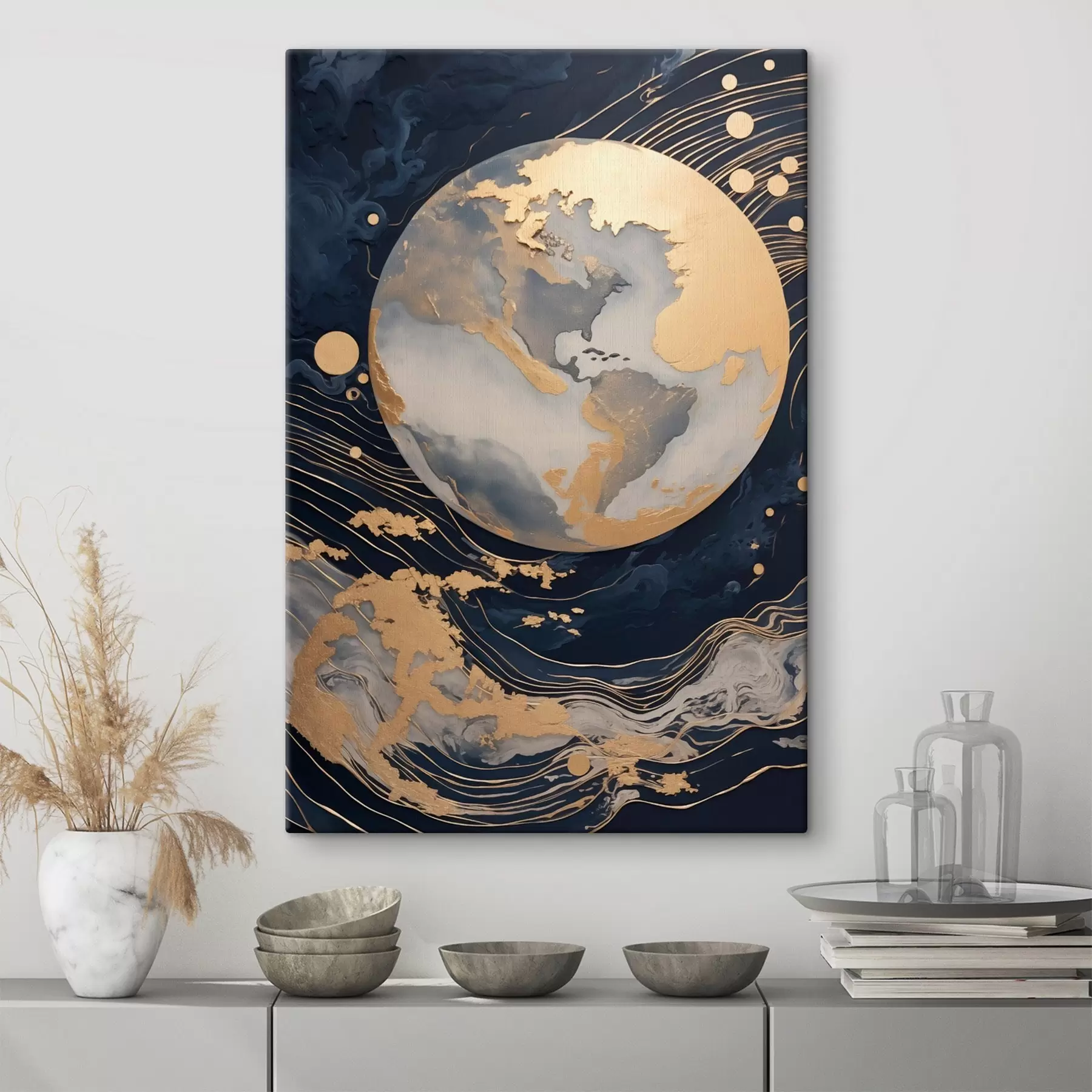  Peintures Planète décorative texturée avec des lignes jaunes en arrière-plan, des points jaunes en arrière-plan, fond sombre s46708