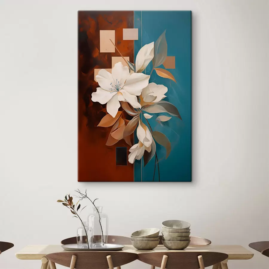  Schilderijen Abstracte witte bloemen en bladeren tegen een achtergrond van bruin en blauw met abstracte vormen, in een minimalistische stijl s46709