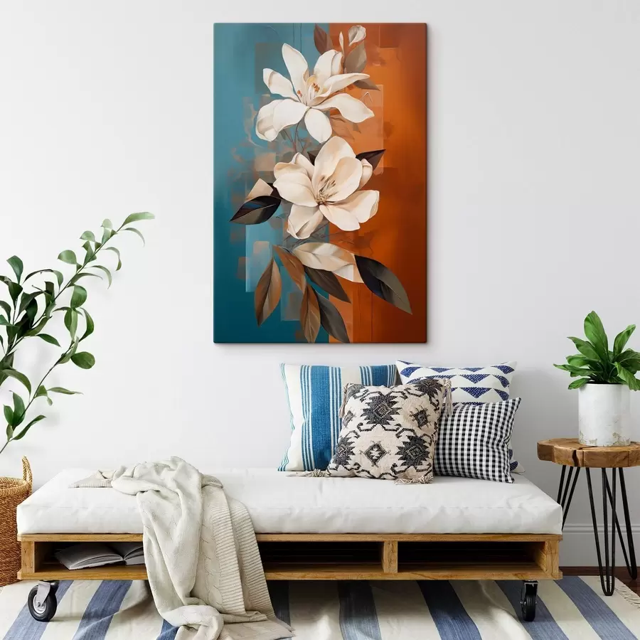  Peintures Fleurs et feuilles blanches abstraites sur fond brun et bleu avec des formes abstraites, dans un style minimaliste. s46710