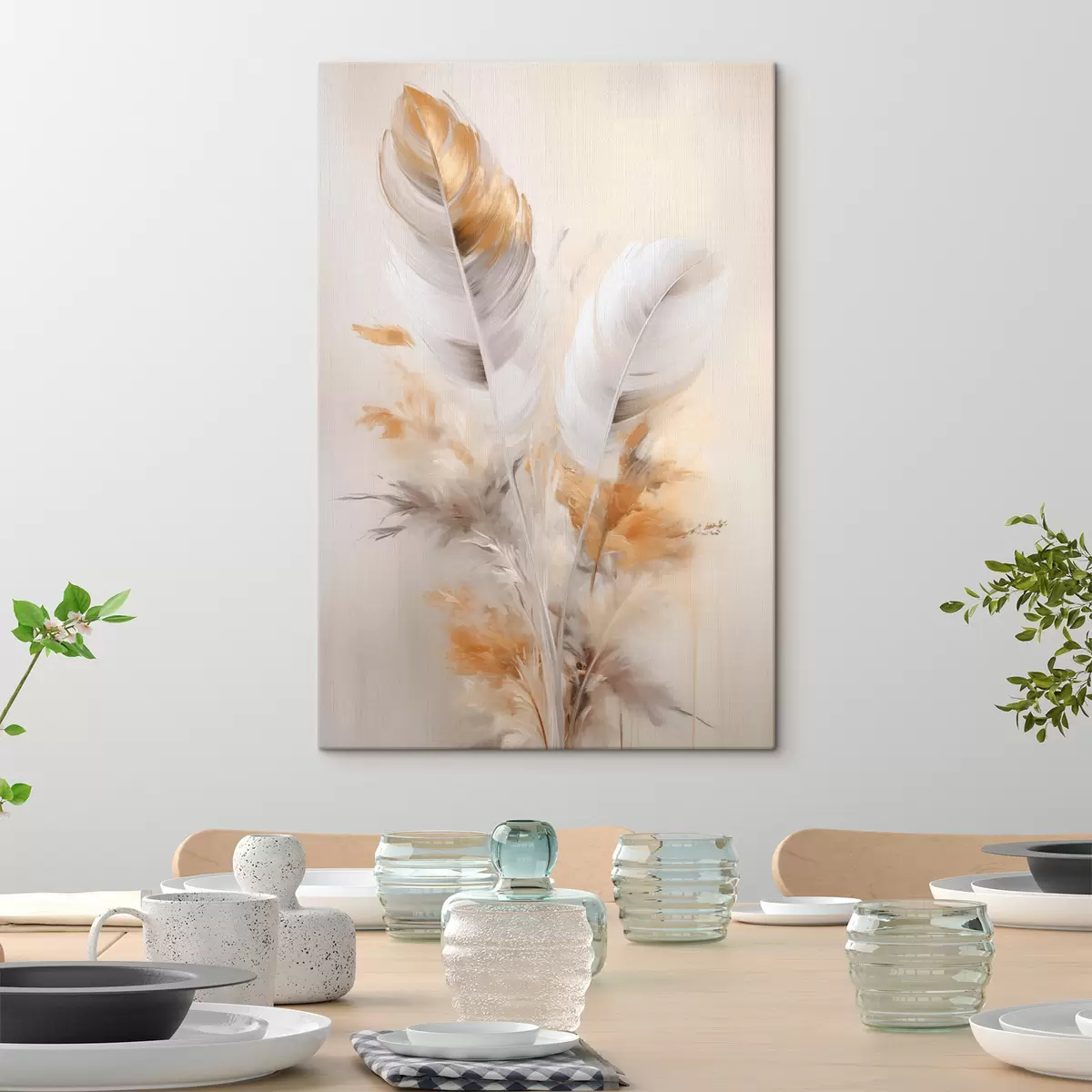  Schilderijen Abstracte veren, omgeven door beige en bruine pluimen, zacht en delicaat, op een lichtbeige achtergrond s46711