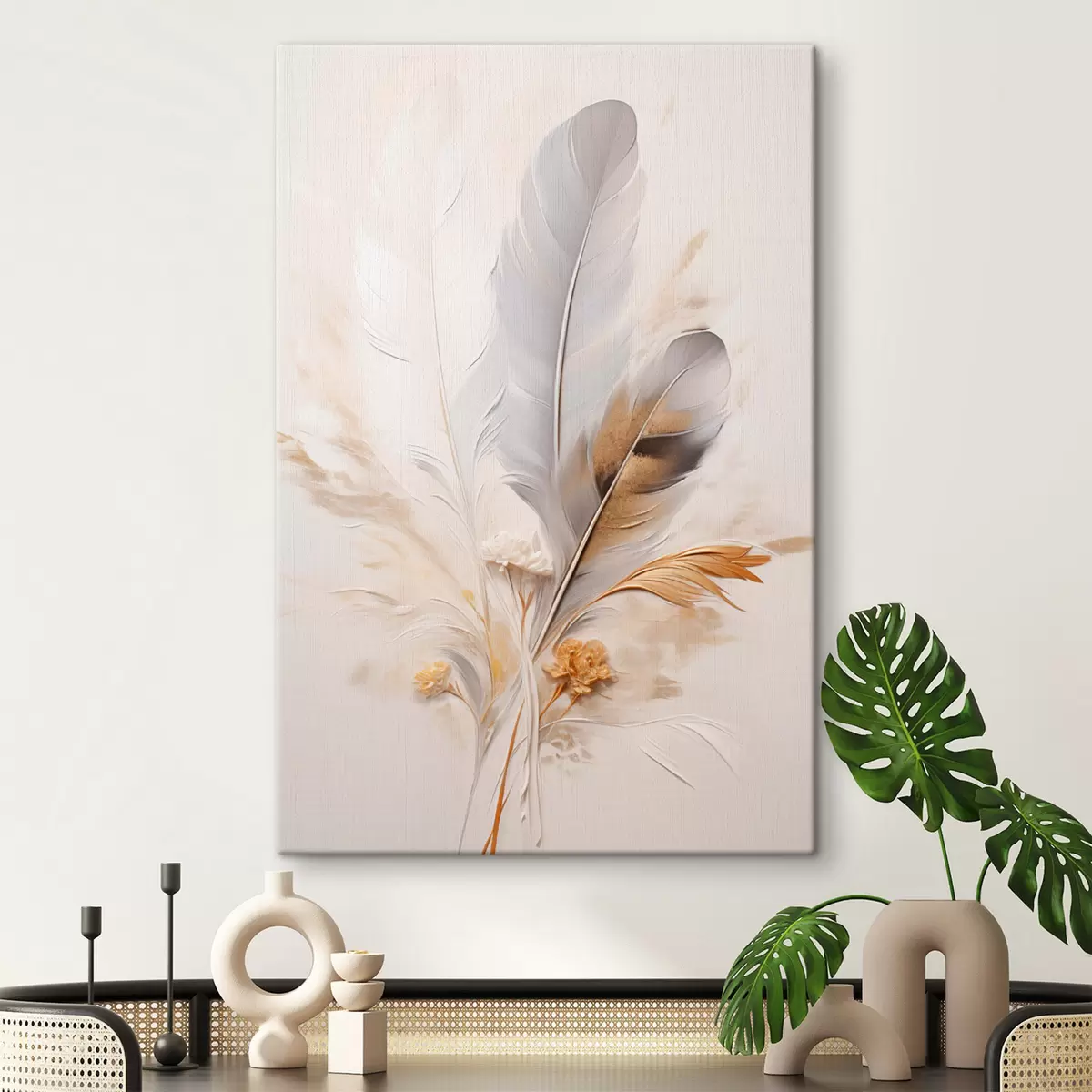  Schilderijen Abstracte veren, omgeven door beige en bruine pluimen, zacht en delicaat, op een lichtbeige achtergrond s46712