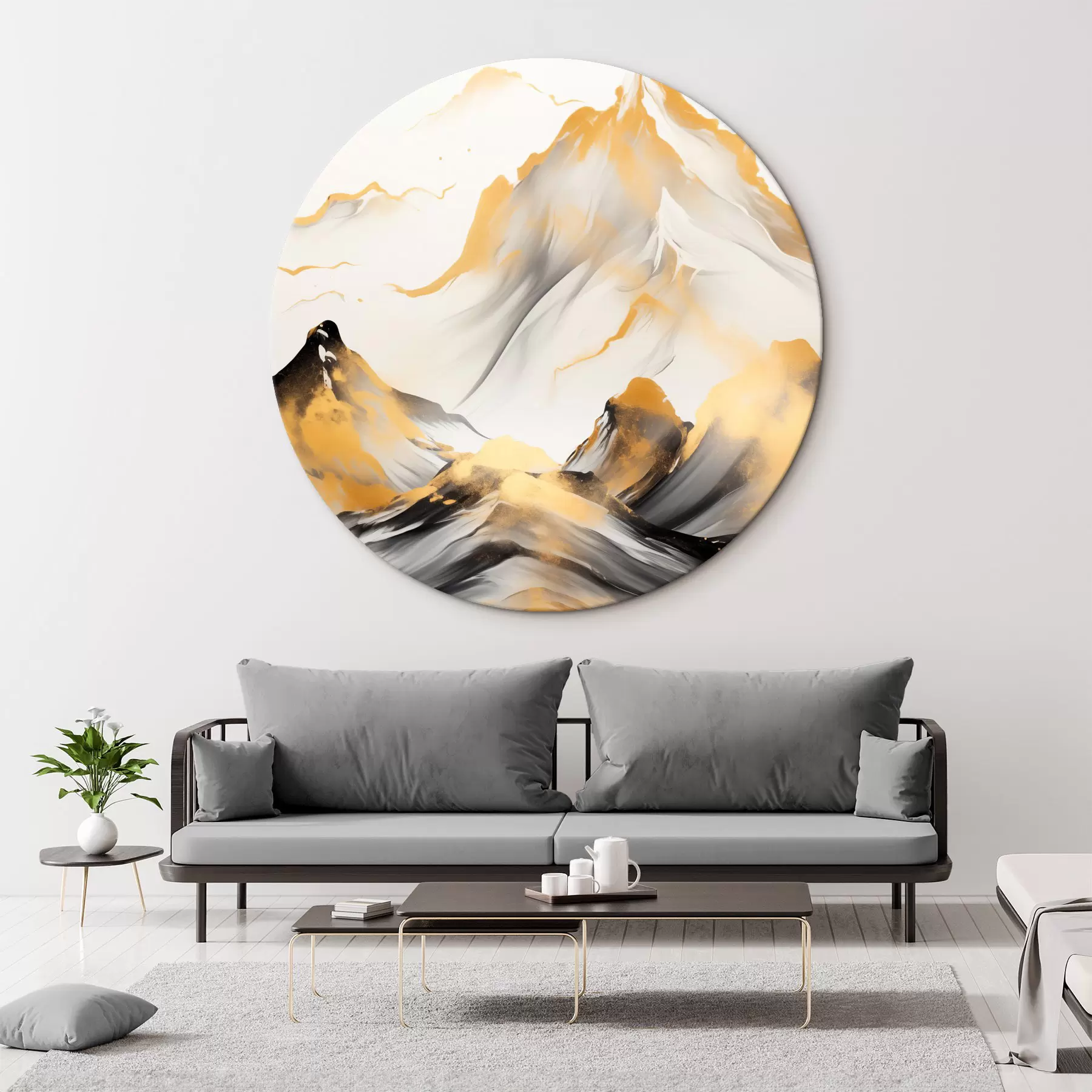  Peintures Montagnes texturées jaunes et noires aux sommets enneigés, style peinture à l'encre, chaîne de montagnes minimaliste r46683