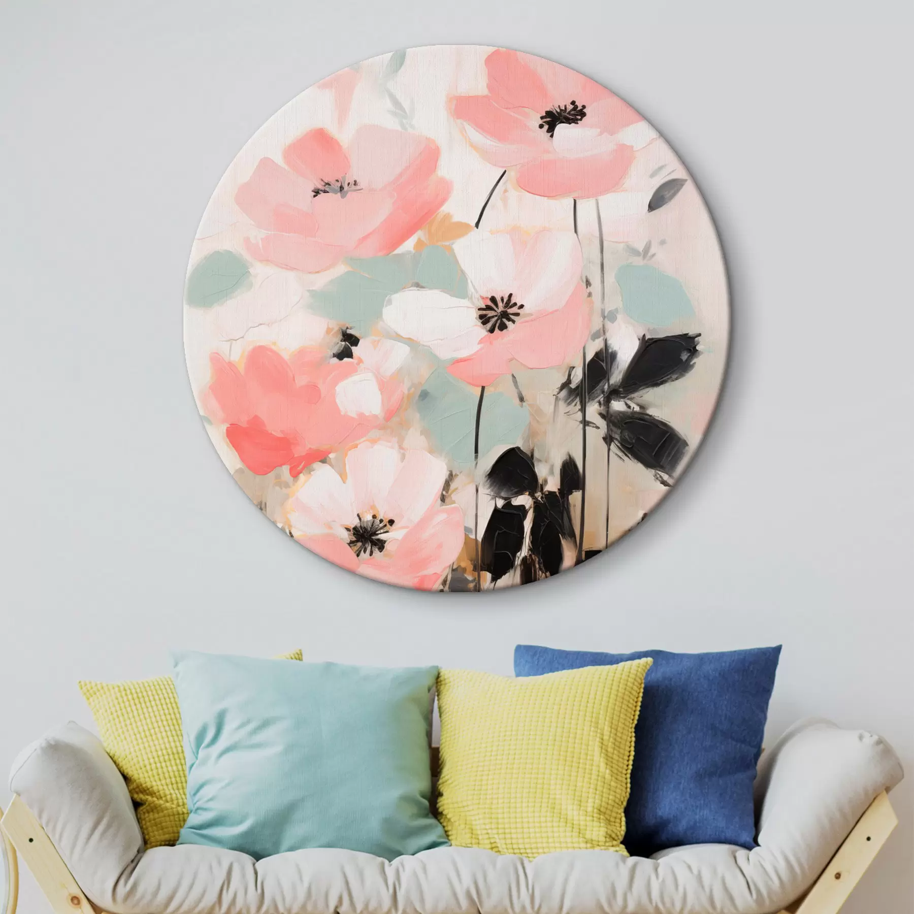  Schilderijen Roze en zwarte bloemen met bladeren, zachte pastelkleuren, abstract bloemstuk, minimalistische kunst r46688