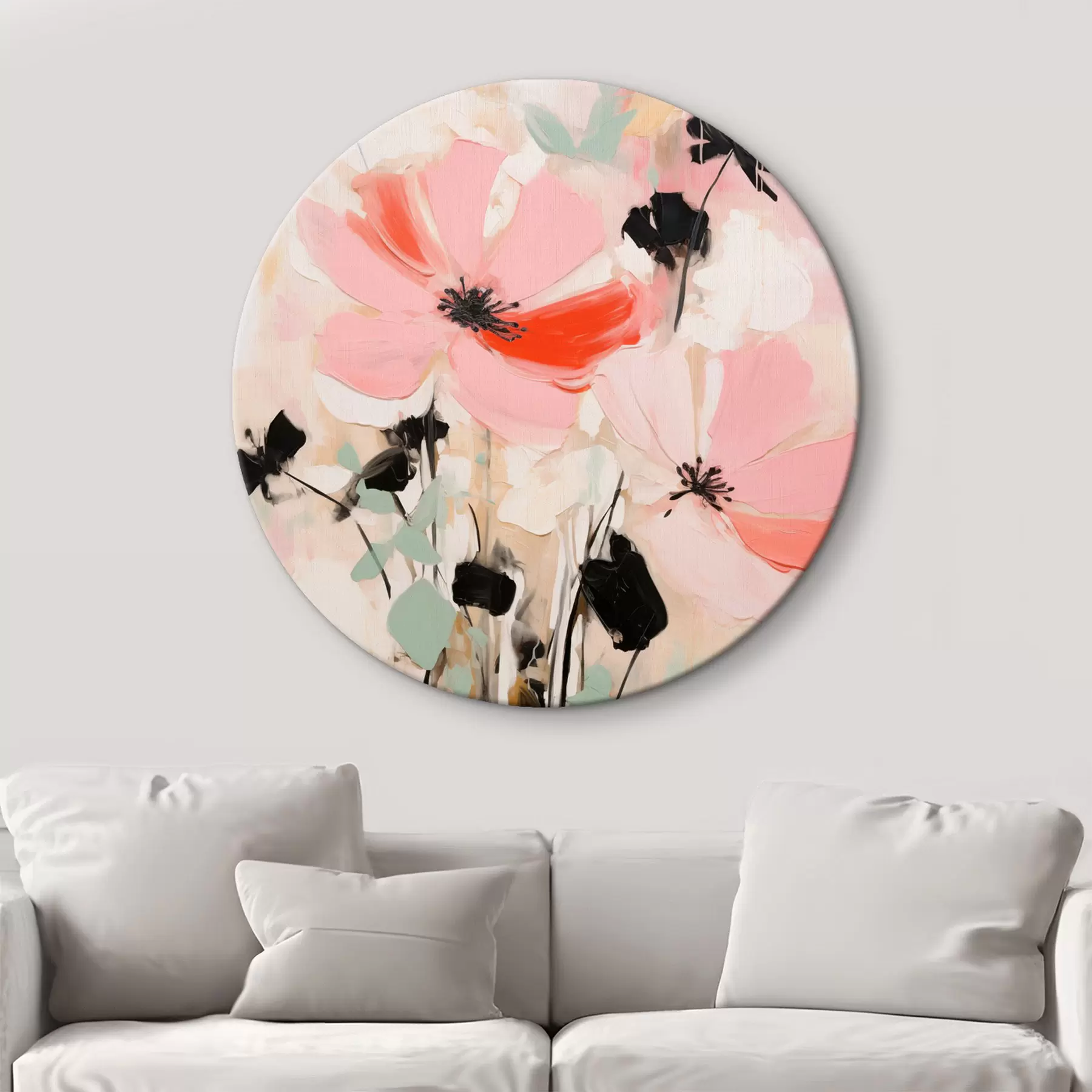  Schilderijen Roze en zwarte bloemen met bladeren, zachte pastelkleuren, abstract bloemstuk, minimalistische kunst r46687