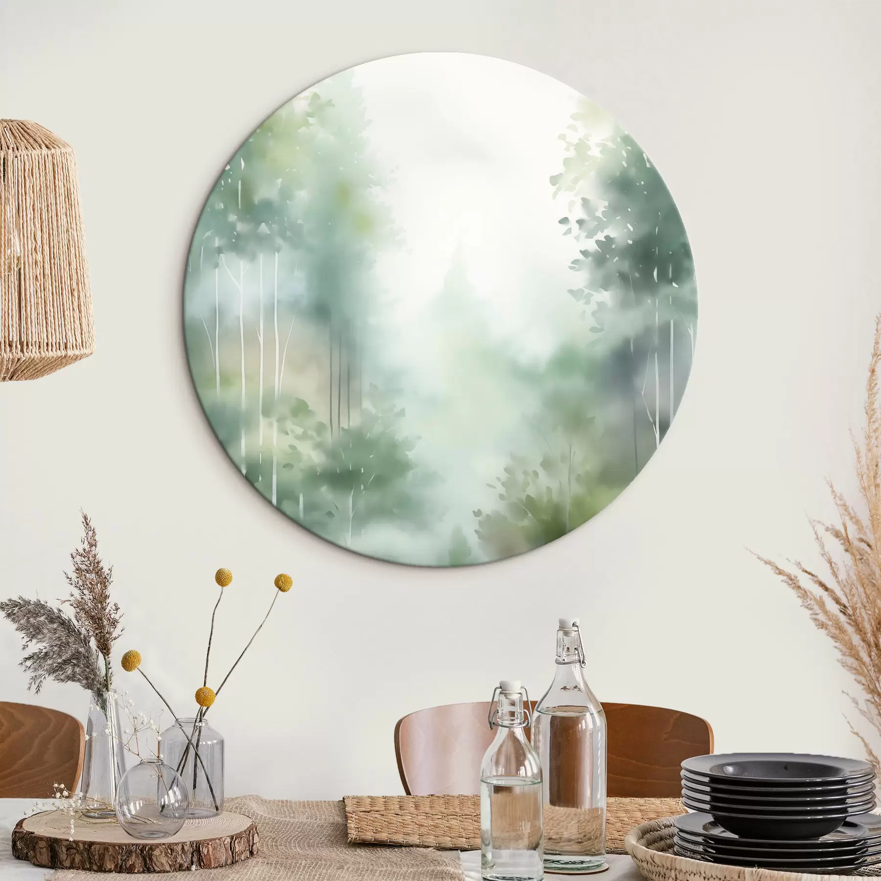  Schilderijen Aquarelschilderij imitatie van abstract bos met hoge bomen en groen gebladerte, zachte gedempte kleuren r46689