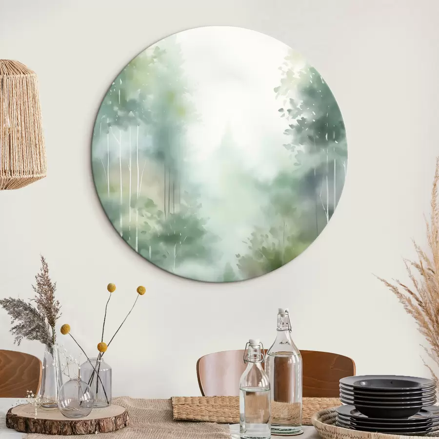  Schilderijen Aquarelschilderij imitatie van abstract bos met hoge bomen en groen gebladerte, zachte gedempte kleuren r46689