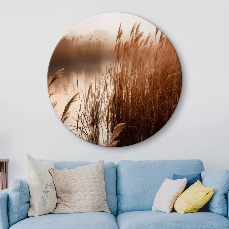  Schilderijen Hoge rietstengels groeien in een watermassa, het water weerspiegelt het riet, mistige achtergrond, zacht licht, natuurtafereel r46695