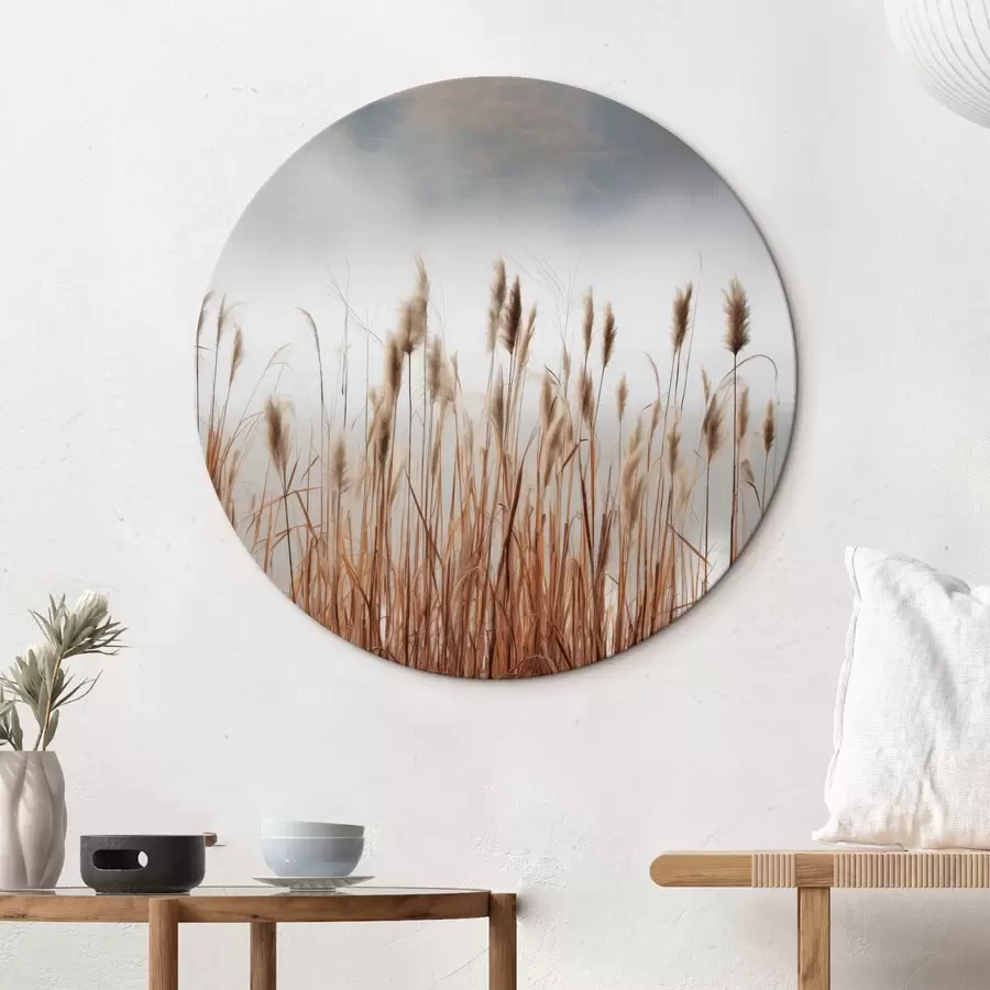  Schilderijen Hoge rietstengels groeien in een watermassa, het water weerspiegelt het riet, mistige achtergrond, zacht licht, natuurtafereel r46696