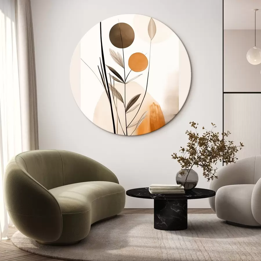  Schilderijen Abstracte schilderijimitatie met oranje en grijze cirkels, bladeren en takken, moderne stijl, aquareleffect r46698