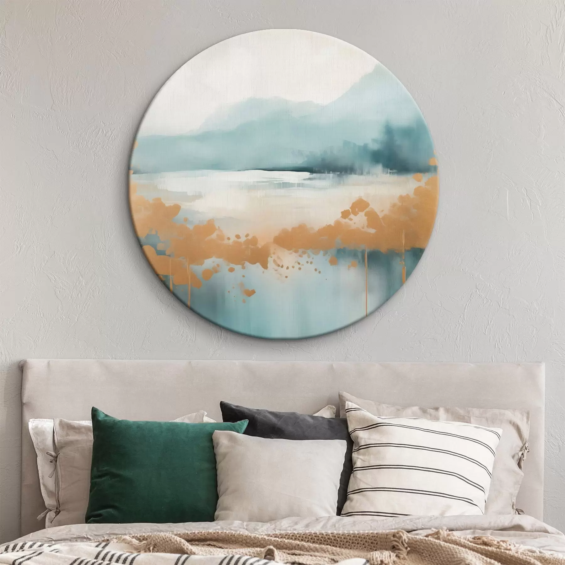  Schilderijen Abstract landschap met bergen en meer in blauwgroen en gestructureerd geel, zachte penseelstreken, minimalistisch kunstwerk r46703