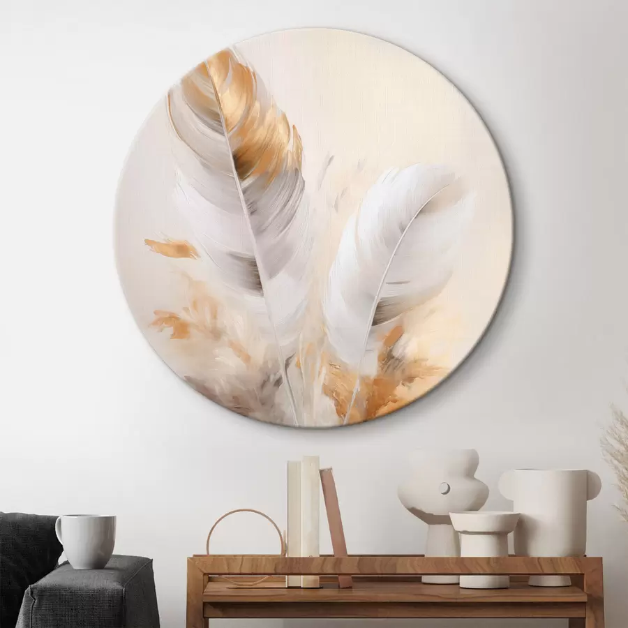  Schilderijen Abstracte veren, omgeven door beige en bruine pluimen, zacht en delicaat, op een lichtbeige achtergrond r46711