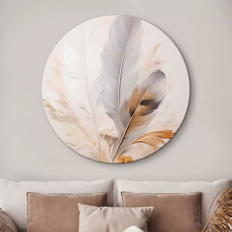  Schilderijen Abstracte veren, omgeven door beige en bruine pluimen, zacht en delicaat, op een lichtbeige achtergrond r46712