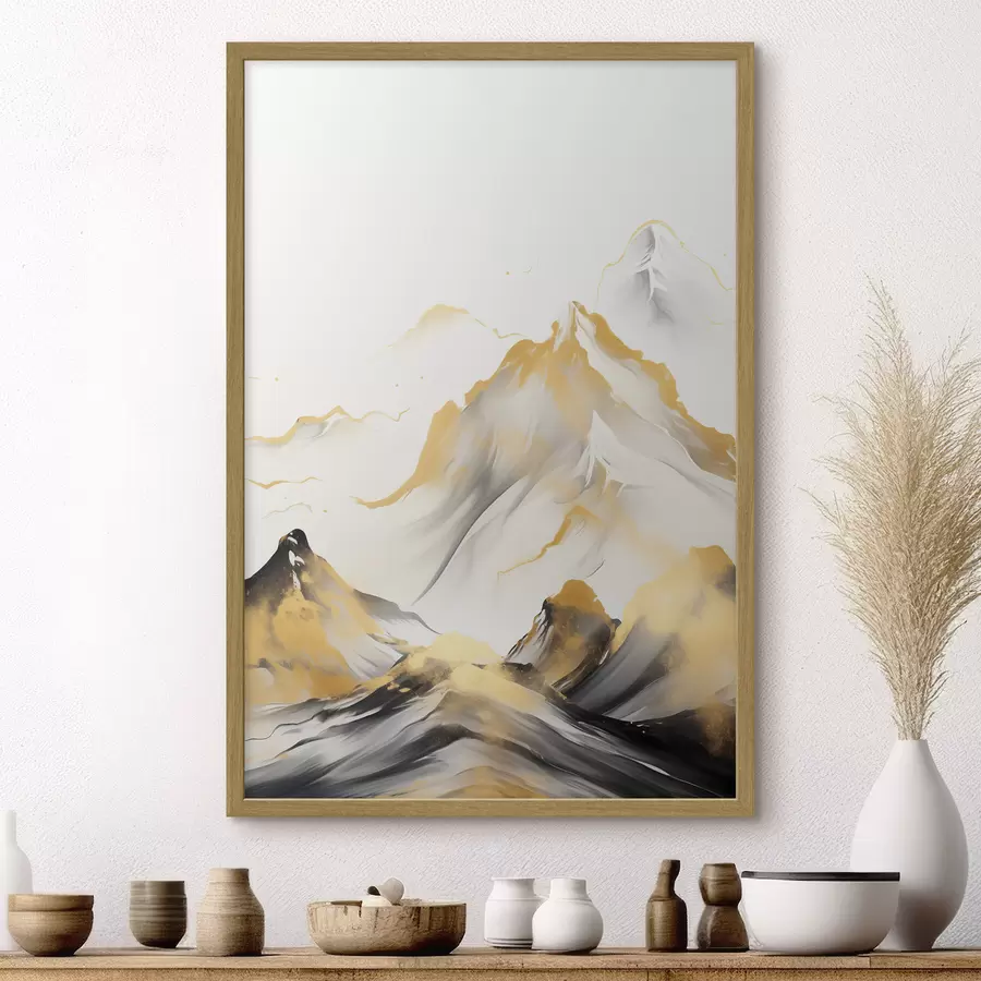 Papier peint photo Montagnes texturées jaunes et noires aux sommets enneigés, style peinture à l'encre, chaîne de montagnes minimaliste f46683