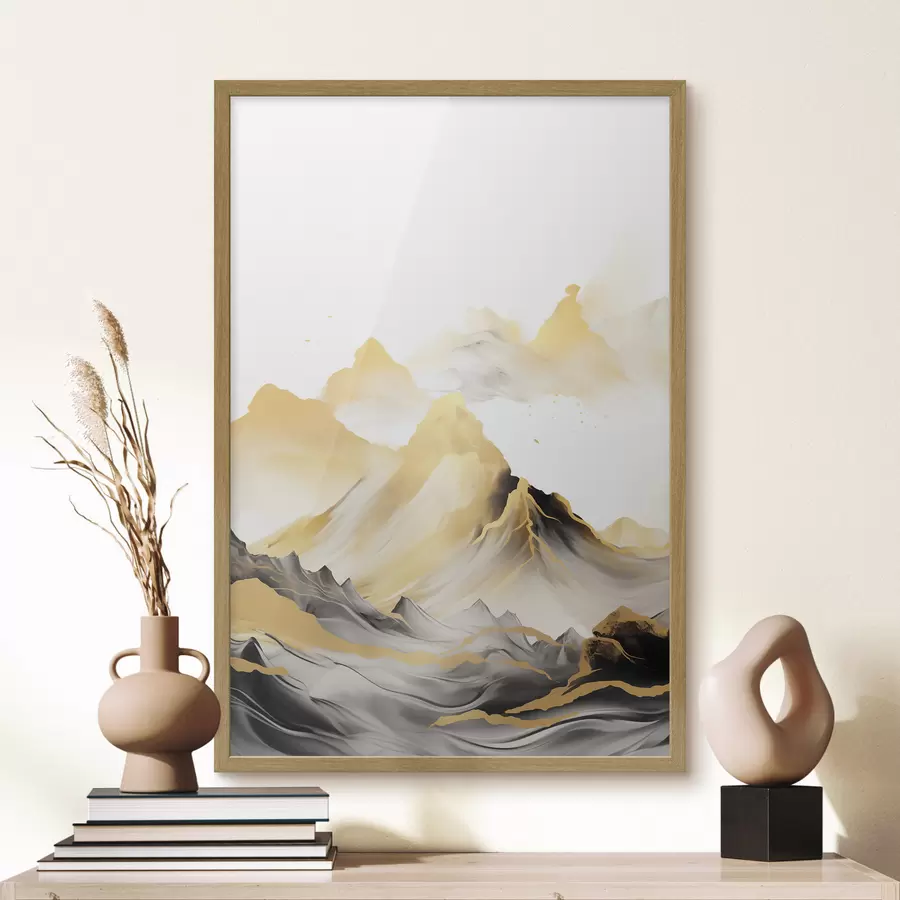 Papier peint photo Montagnes texturées jaunes et noires aux sommets enneigés, style peinture à l'encre, chaîne de montagnes minimaliste f46684