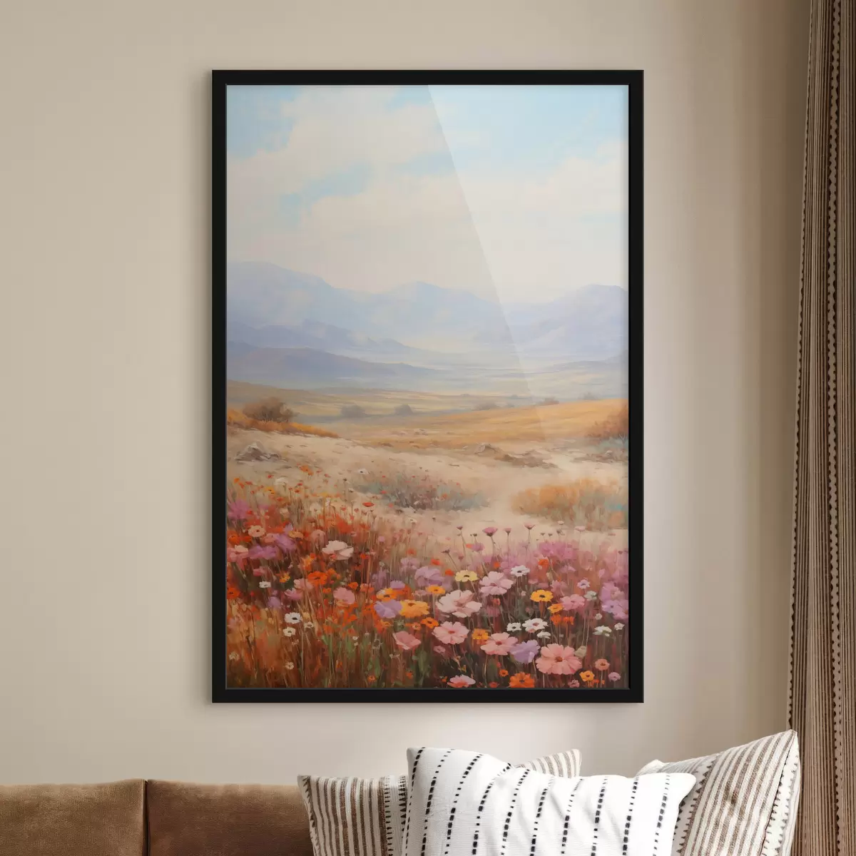 Affiche Paysage, champ de fleurs colorées avec des montagnes en arrière-plan, couleurs douces et pastel f46685