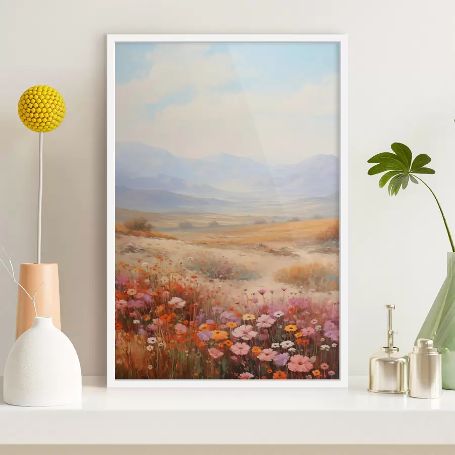 Papier peint photo Paysage, champ de fleurs colorées avec des montagnes en arrière-plan, couleurs douces et pastel f46685