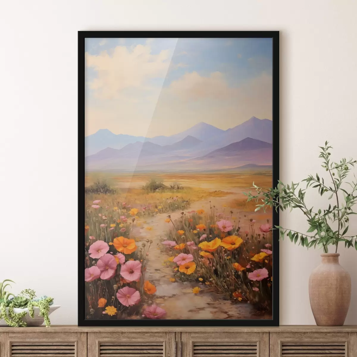 Affiche Paysage, champ de fleurs colorées avec des montagnes en arrière-plan, couleurs douces et pastel f46686