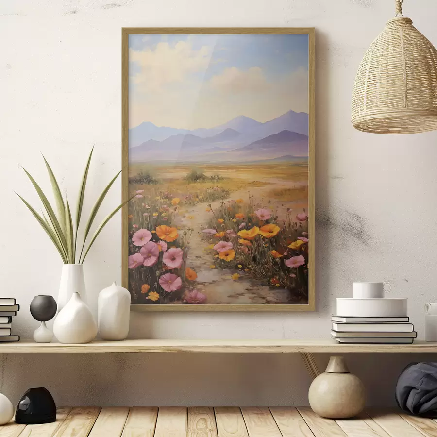 Papier peint photo Paysage, champ de fleurs colorées avec des montagnes en arrière-plan, couleurs douces et pastel f46686