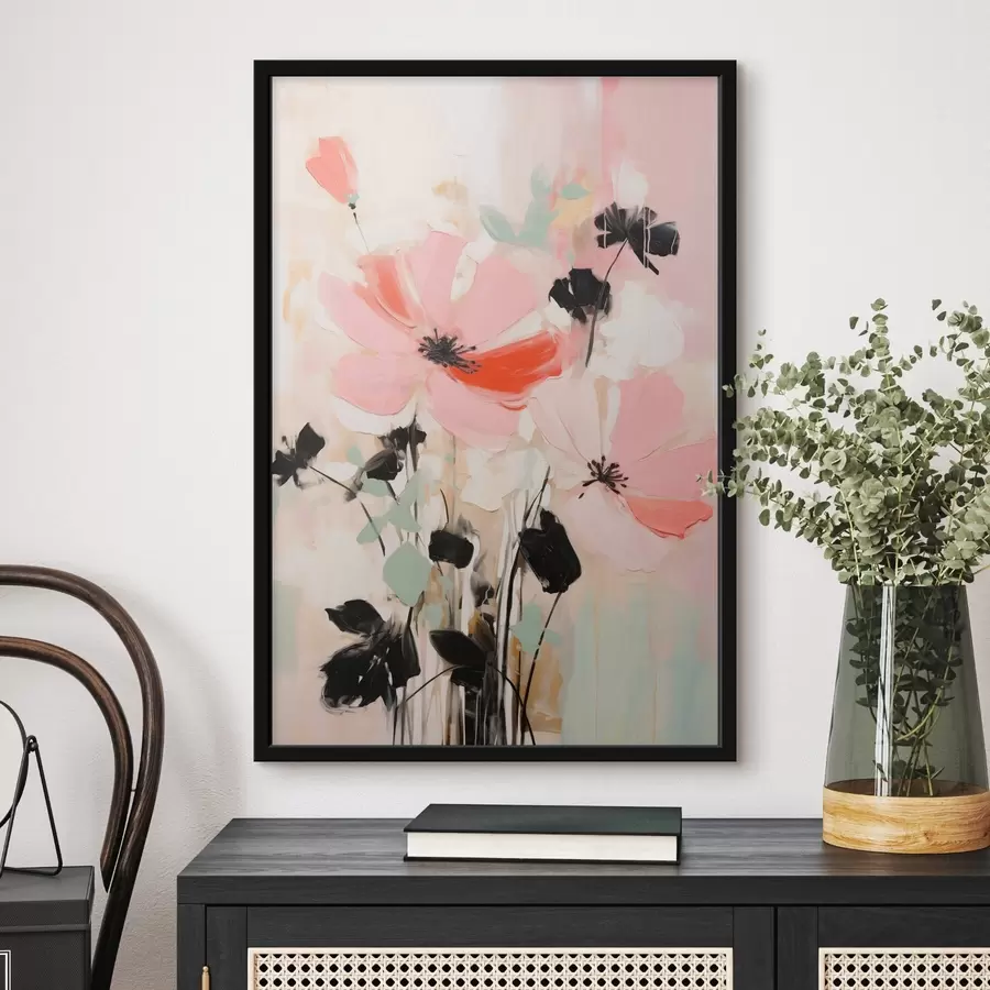 Papier peint photo Fleurs roses et noires avec des feuilles, couleurs pastel douces, composition florale abstraite, art minimaliste f46687