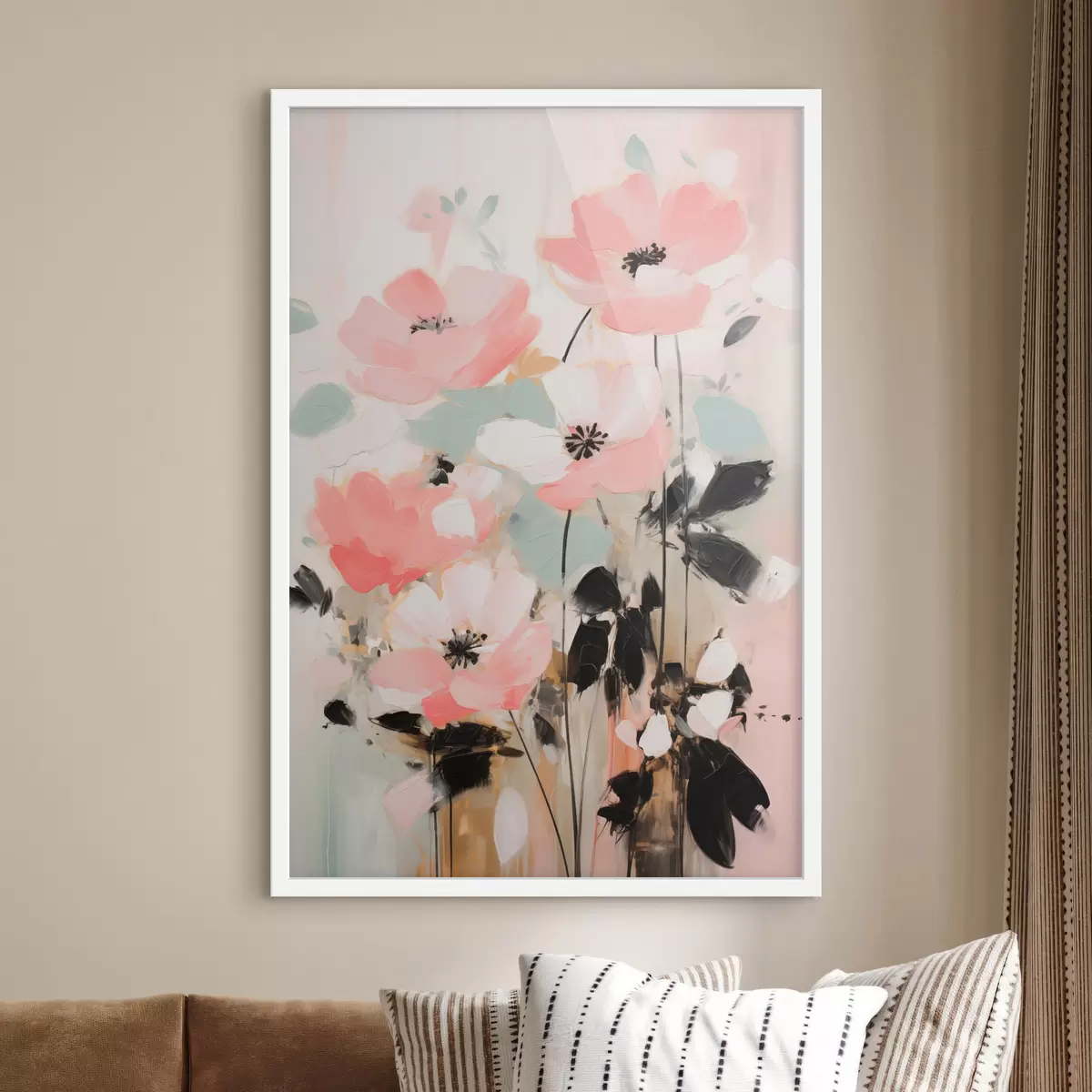 Affiche Fleurs roses et noires avec des feuilles, couleurs pastel douces, composition florale abstraite, art minimaliste f46688