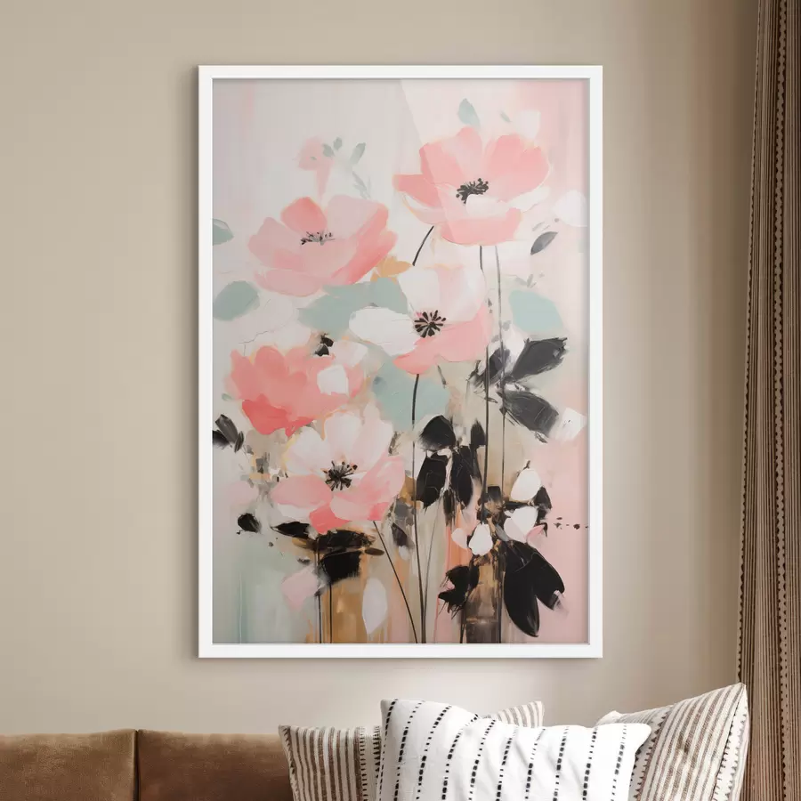 Papier peint photo Fleurs roses et noires avec des feuilles, couleurs pastel douces, composition florale abstraite, art minimaliste f46688