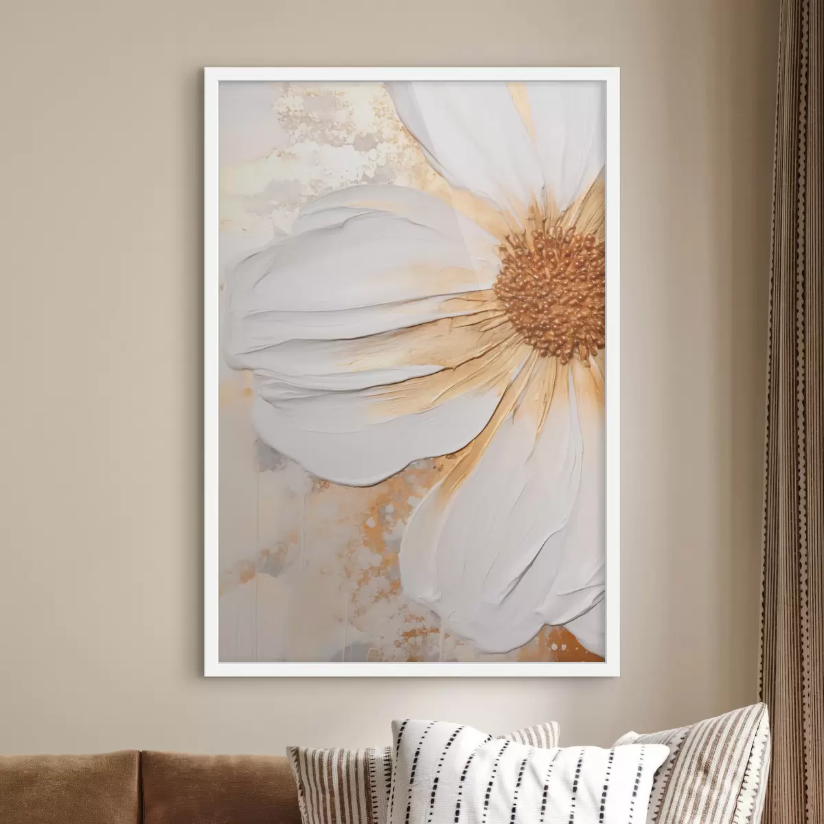 Poster Een witte bloem met delicate bloemblaadjes, een abstracte achtergrond met textuur, elegant, decoratieve kunst f46692