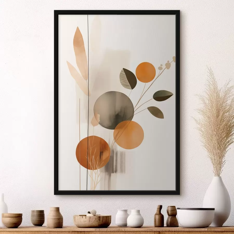 Papier peint photo Imitation de peinture abstraite avec des cercles orange et gris, des feuilles et des branches, style moderne, effet aquarelle f46697
