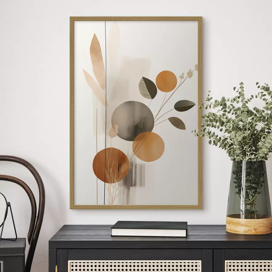 Papier peint photo Imitation de peinture abstraite avec des cercles orange et gris, des feuilles et des branches, style moderne, effet aquarelle f46697
