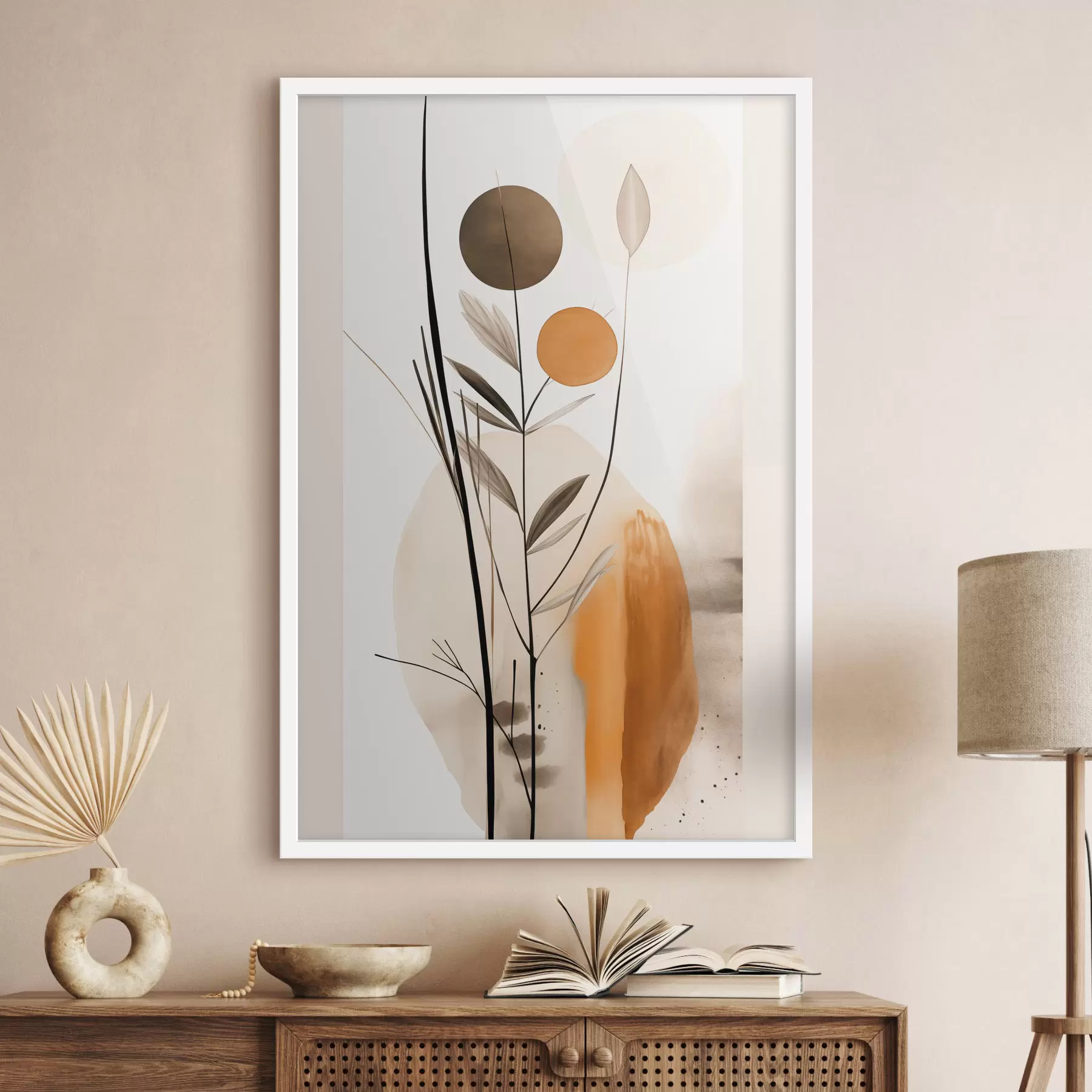 Papier peint photo Imitation de peinture abstraite avec des cercles orange et gris, des feuilles et des branches, style moderne, effet aquarelle f46698