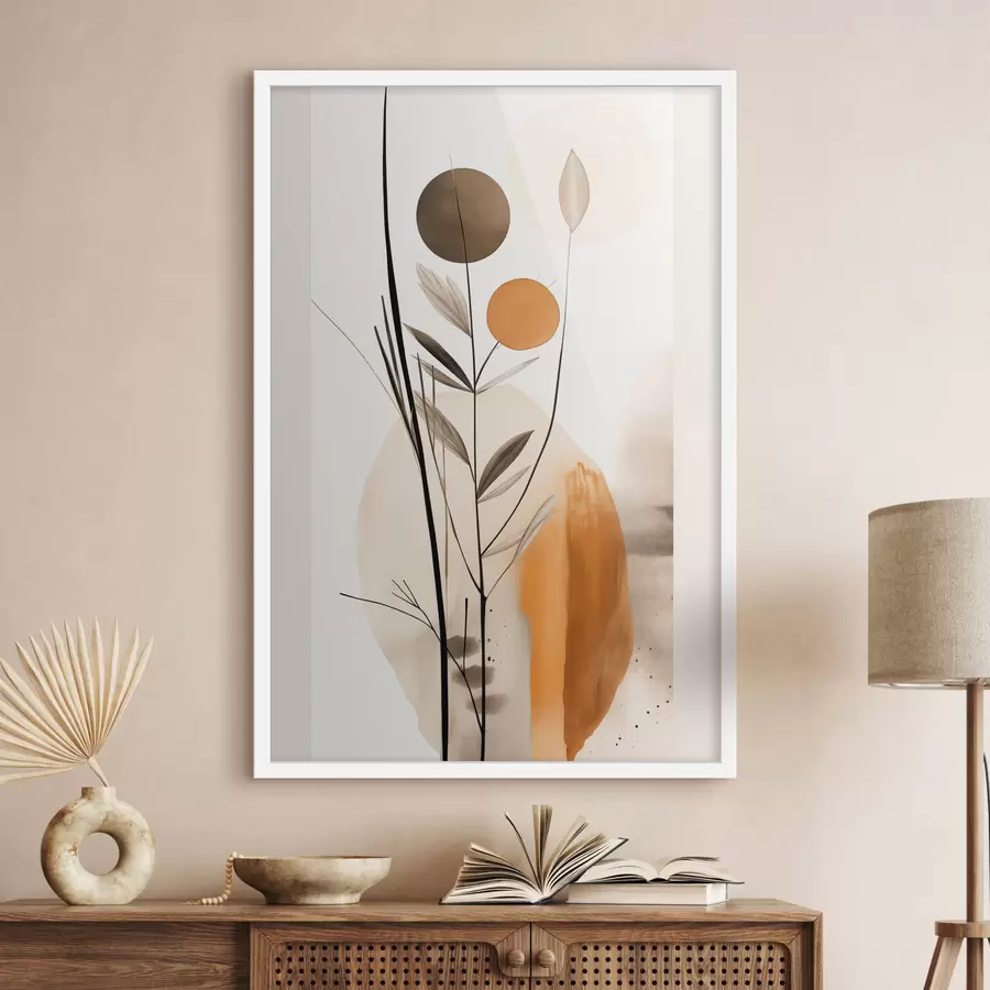 Papier peint photo Imitation de peinture abstraite avec des cercles orange et gris, des feuilles et des branches, style moderne, effet aquarelle f46698