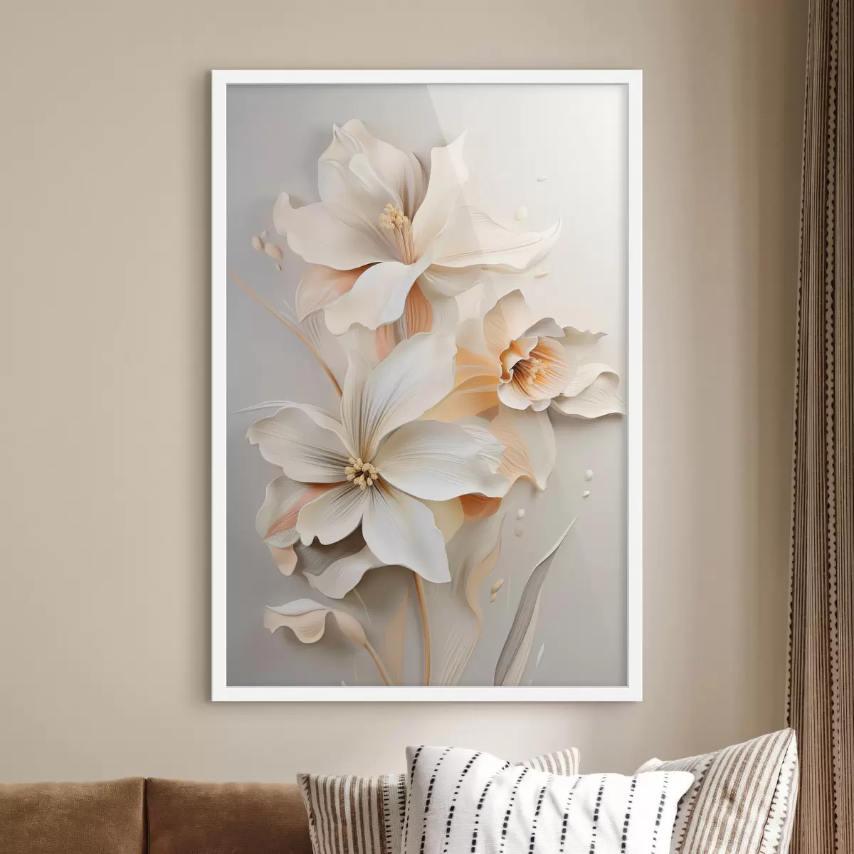 Affiche Fleurs blanches, pétales aux ombres douces, fond beige clair, composition élégante, style minimaliste f46699