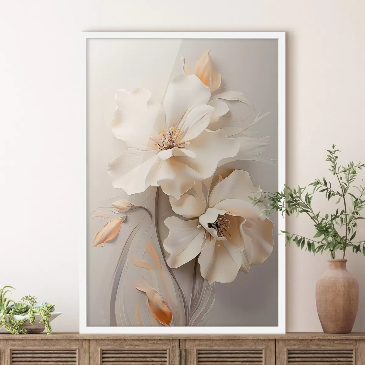 Affiche Fleurs blanches, pétales aux ombres douces, fond beige clair, composition élégante, style minimaliste f46700