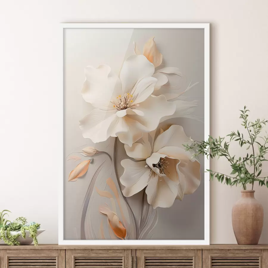 Fotobehang Witte bloemen, bloemblaadjes met zachte schaduwen, lichtbeige achtergrond, elegante compositie, minimalistische stijl f46700
