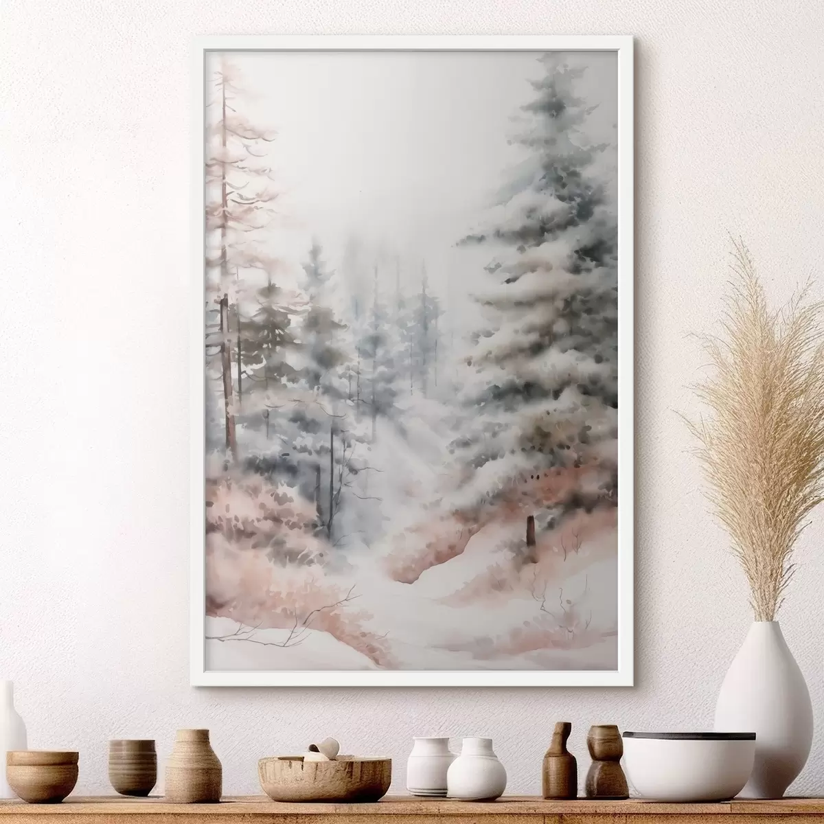 Affiche De grands pins recouverts de neige, dressés dans une forêt brumeuse, une scène hivernale douce et feutrée. f46702