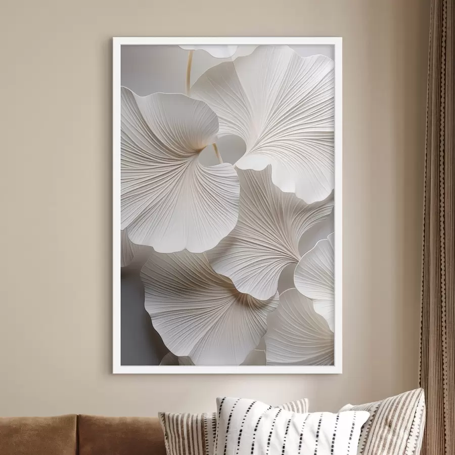 Papier peint photo Feuilles blanches de ginkgo biloba avec des nervures détaillées, éclairage doux, design élégant et minimaliste texturé. f46705