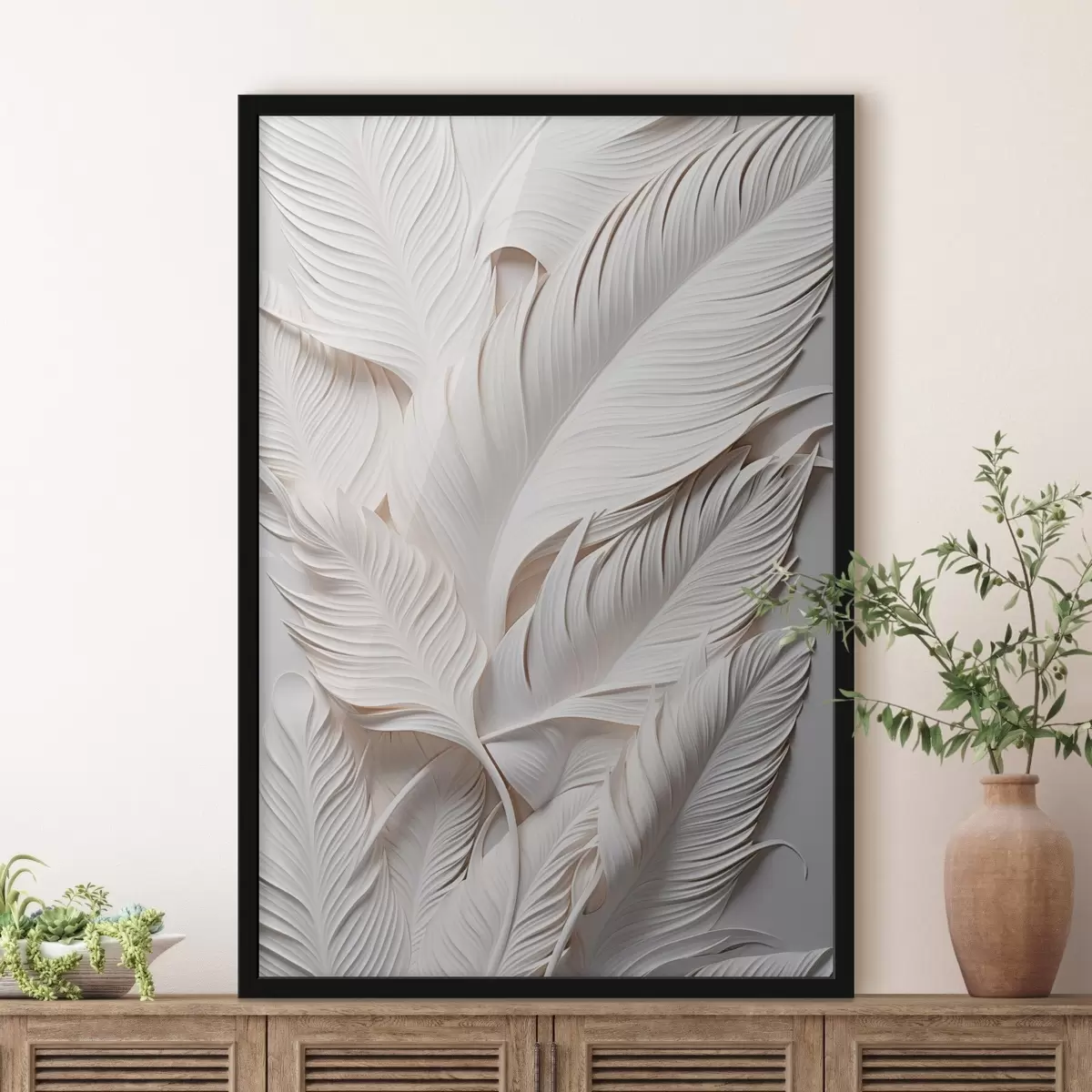 Poster Witte bladeren met gedetailleerde patronen, die een gestructureerd en gelaagd effect creëren, minimalistische kunst f46706