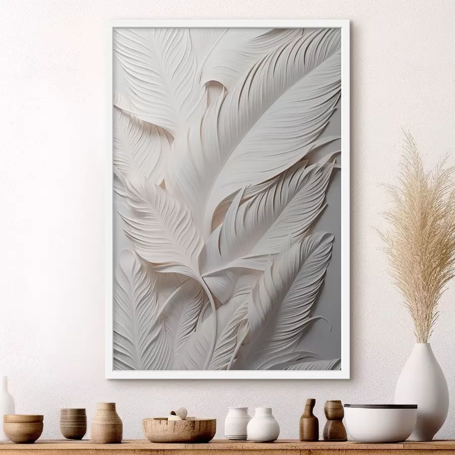 Papier peint photo Feuilles blanches aux détails complexes, créant un effet texturé et stratifié, art minimaliste f46706