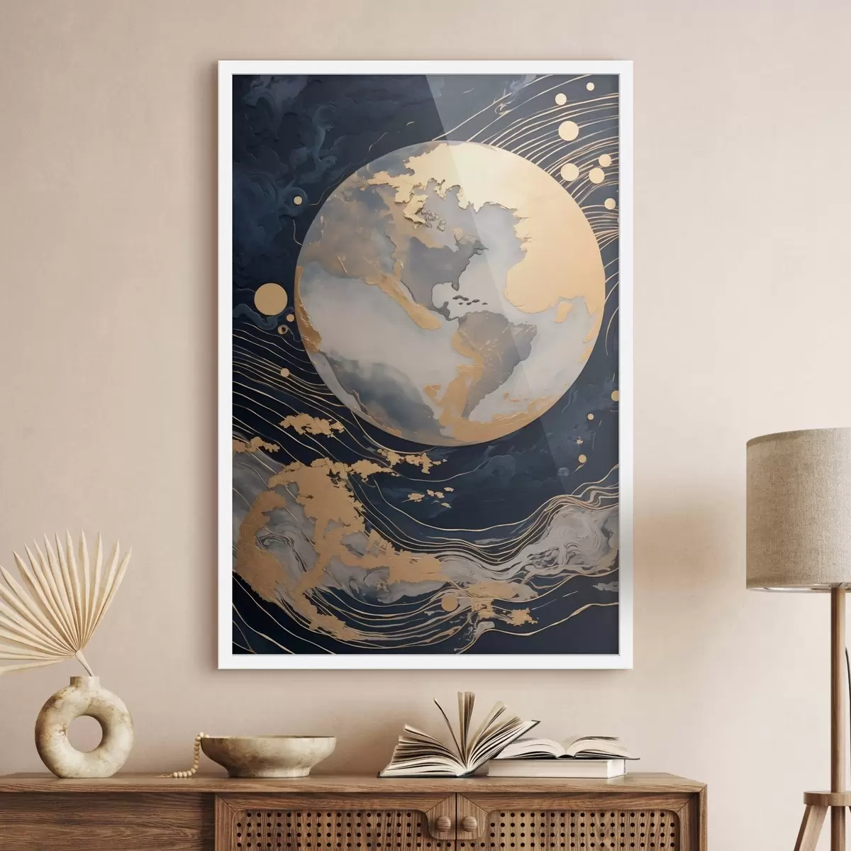 Poster Getextureerde decoratieve planeet met gele lijnen op de achtergrond, gele stippen op de achtergrond, donkere achtergrond f46708