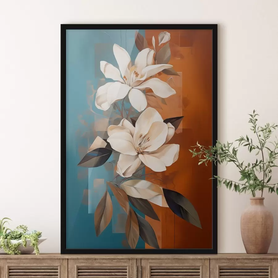 Fotobehang Abstracte witte bloemen en bladeren tegen een achtergrond van bruin en blauw met abstracte vormen, in een minimalistische stijl f46710