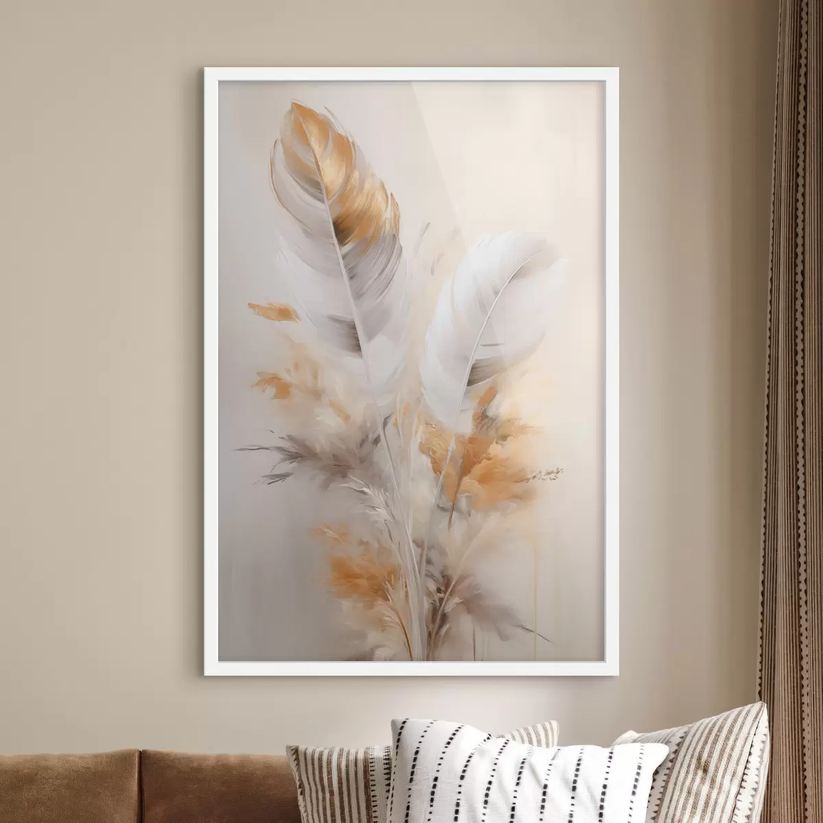 Poster Abstracte veren, omgeven door beige en bruine pluimen, zacht en delicaat, op een lichtbeige achtergrond f46711