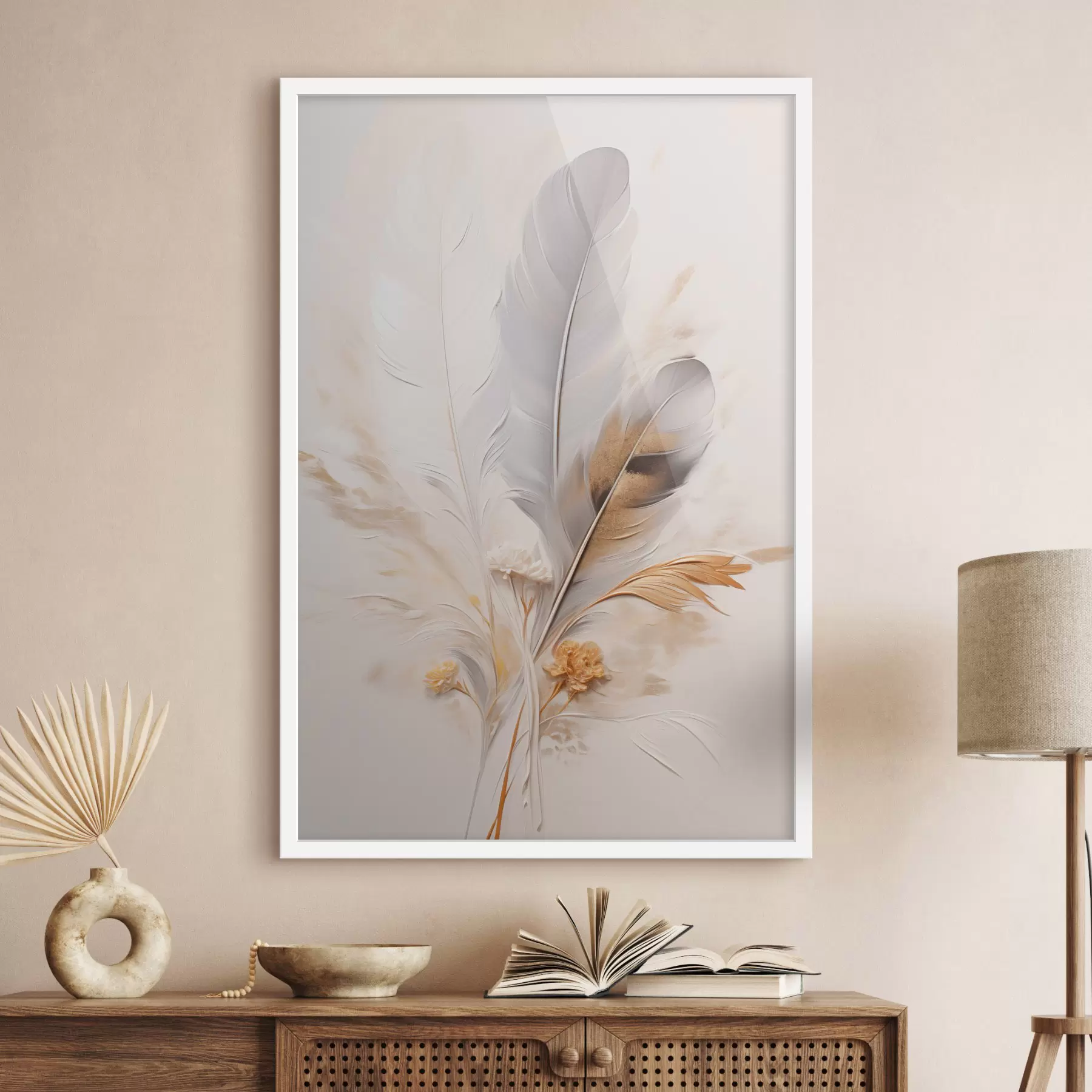 Papier peint photo Plumes abstraites, entourées de plumes beiges et brunes, douces et délicates, sur un fond beige clair f46712