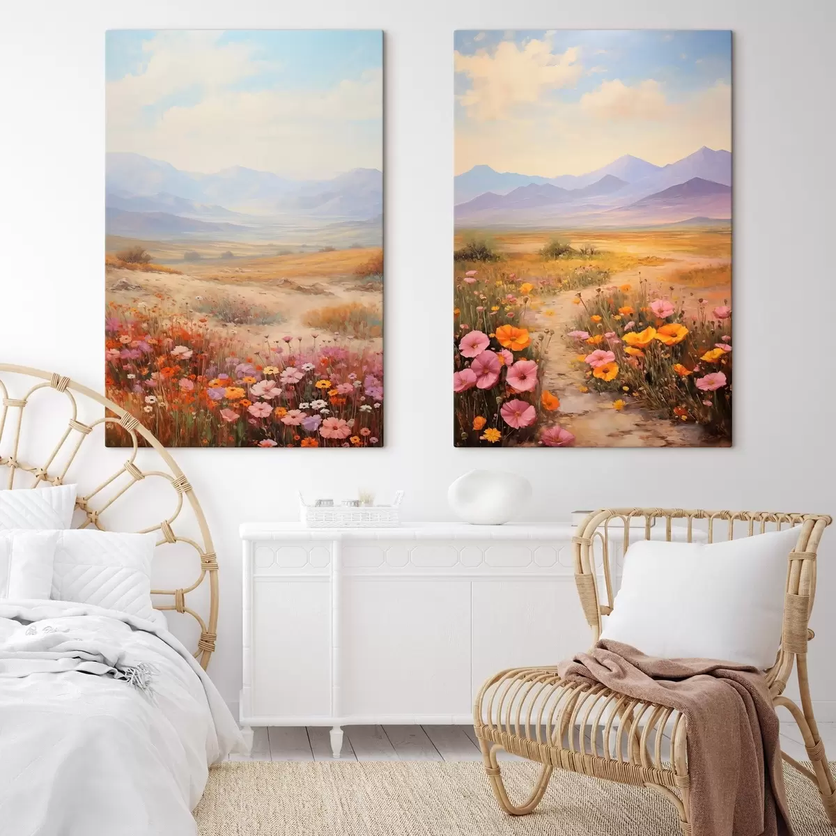  Peintures Paysage, champ de fleurs colorées avec des montagnes en arrière-plan, couleurs douces et pastel m01003