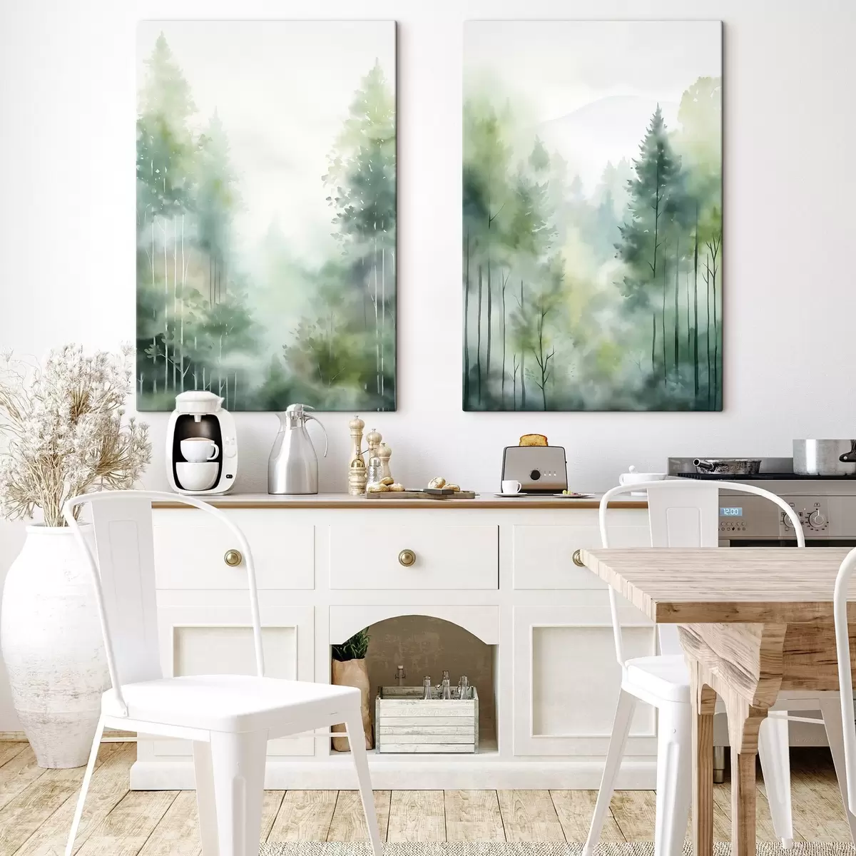  Schilderijen Aquarelschilderij imitatie van abstract bos met hoge bomen en groen gebladerte, zachte gedempte kleuren m01005