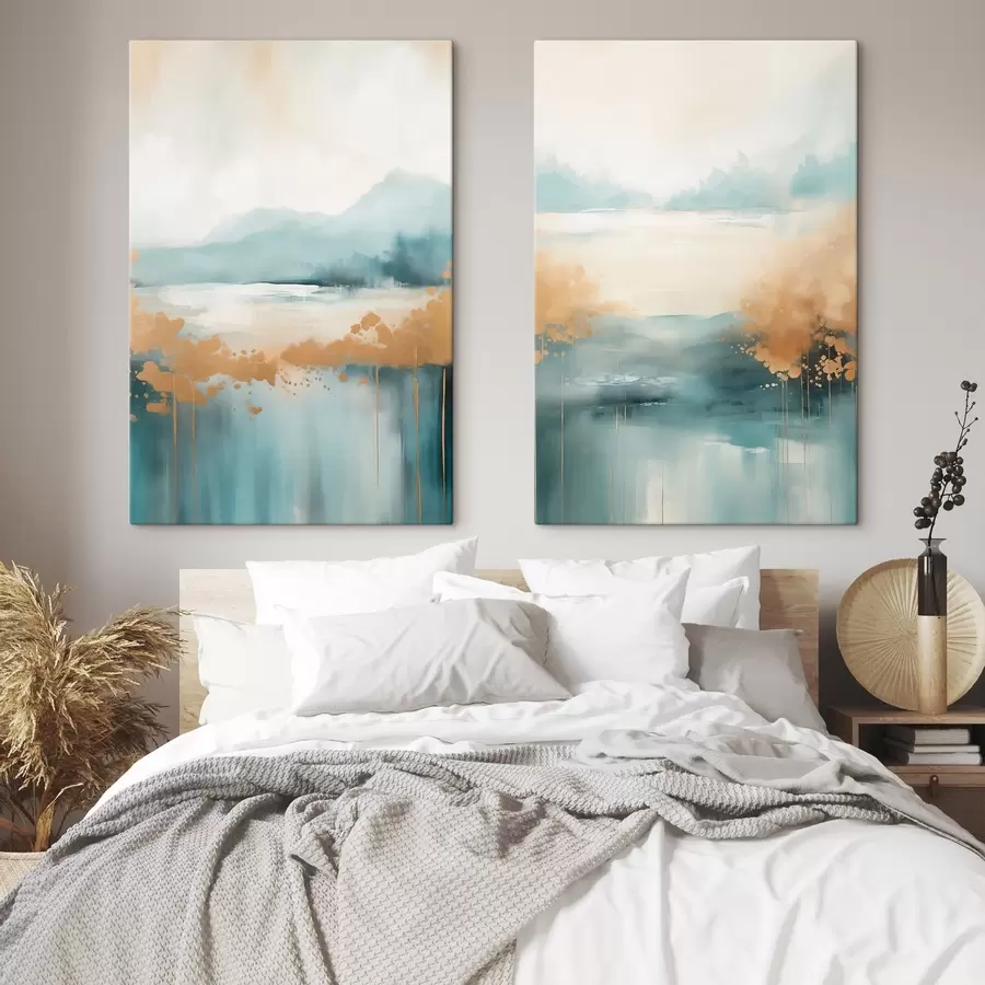  Peintures Paysage abstrait avec montagnes et lac dans des tons bleu sarcelle et jaune texturé, coups de pinceau doux, œuvre minimaliste m01012