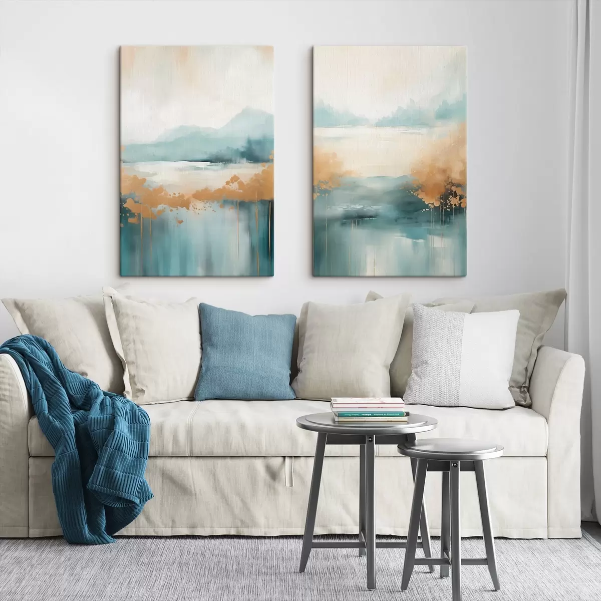  Schilderijen Abstract landschap met bergen en meer in blauwgroen en gestructureerd geel, zachte penseelstreken, minimalistisch kunstwerk m01012